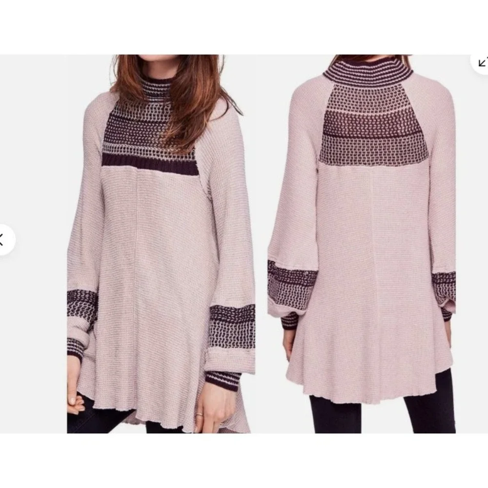 Free People Snow Day‎ Tunic Top Brown Beige Thermal Knit Crochet Small